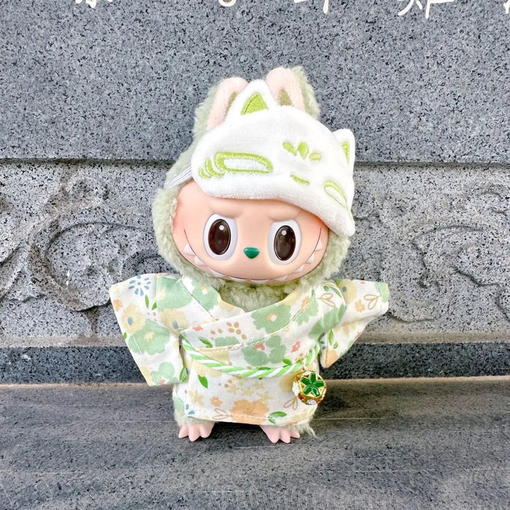 17cm Vinyl Plush Doll Clothes Labubu Pendant Floral Kimono with Fox-Patterned Eye Mask Labubu V1/V2/V3 Clothes Accessories