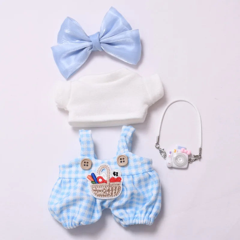 Labubu Doll Clothes Blue Plaid Overalls with Bow 15/17cm Plush Doll'S Clothes Labubu I II Idol Dolls Sitting Party Accessories