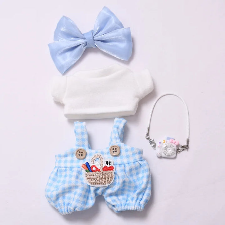 Labubu Doll Clothes Blue Plaid Overalls with Bow 15/17cm Plush Doll'S Clothes Labubu I II Idol Dolls Sitting Party Accessories