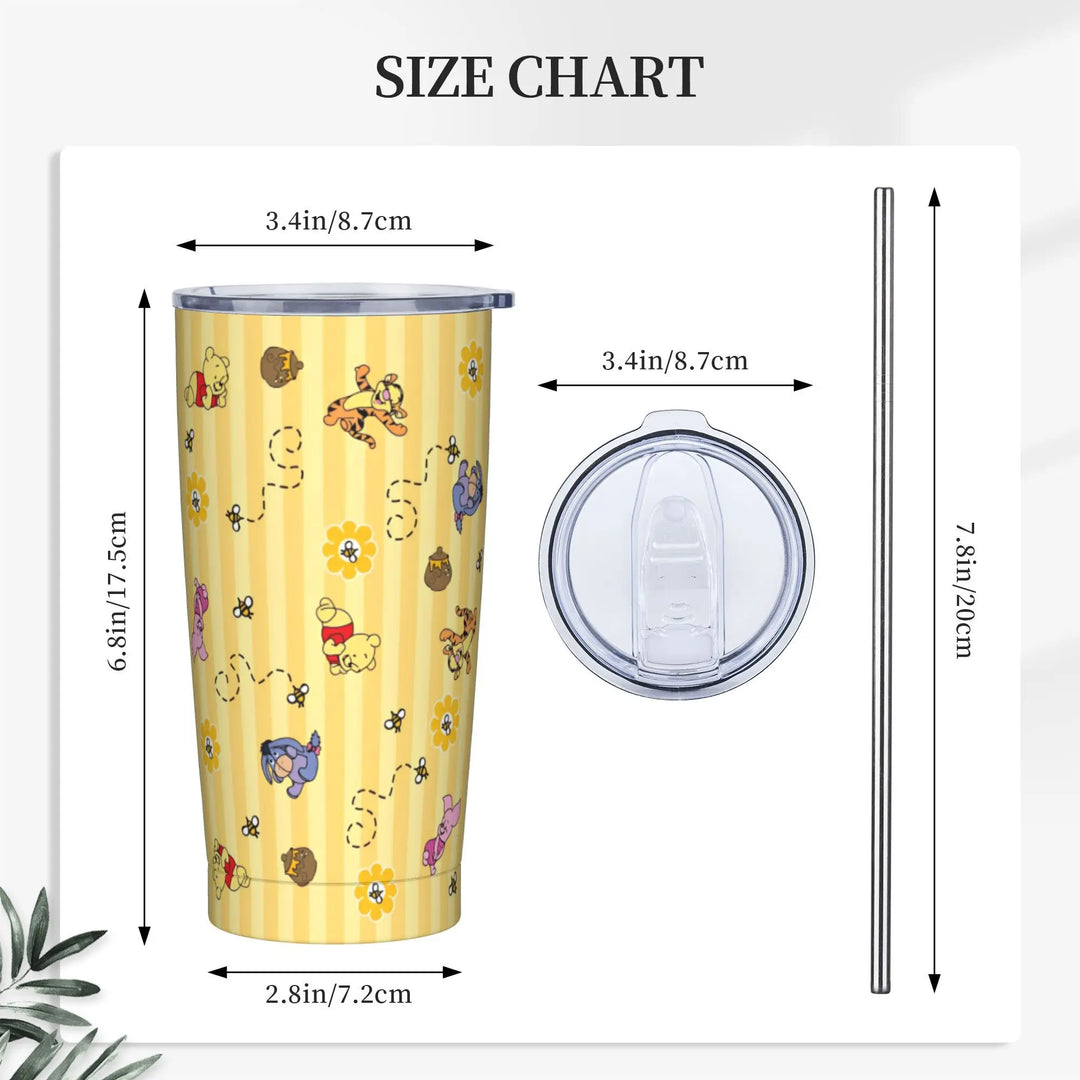 Cute Honey And Bee Tumbler Vacuum Insulated Winnie The Pooh Coffee Cups with Lid Straw Car Mug Water Bottle, 20oz