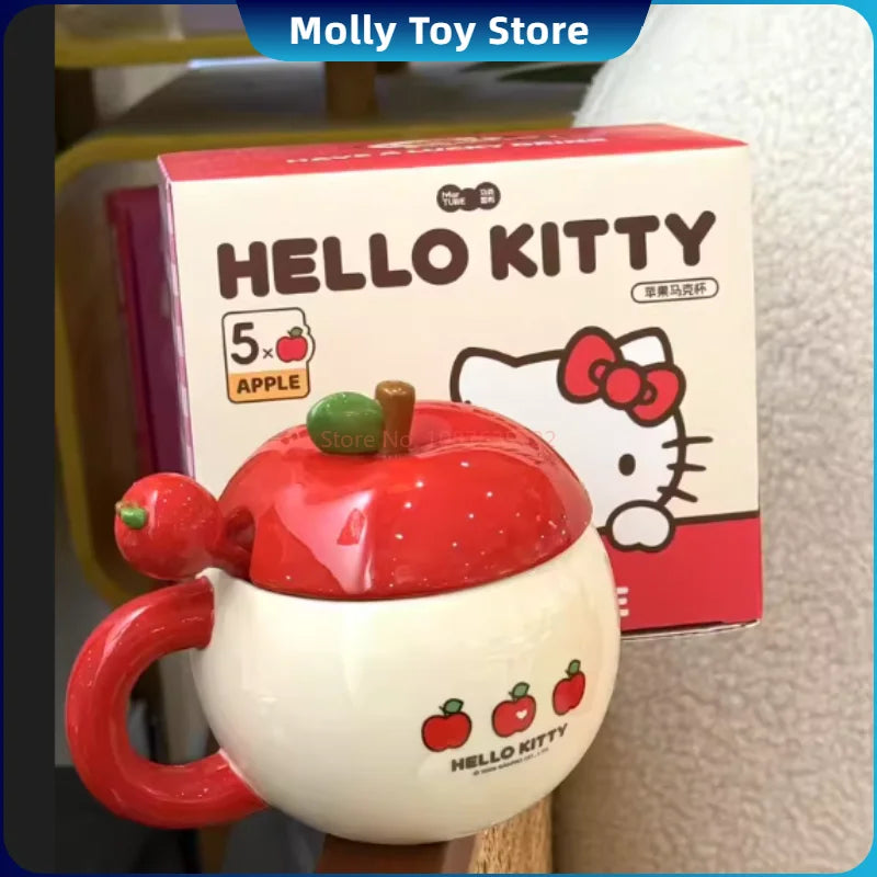 Hellokitty Character Peripheral Apple Ceramic Mugs Large Capacity With Lid And Spoon Cute Mug Cup Anime Themed Milk Water Cups