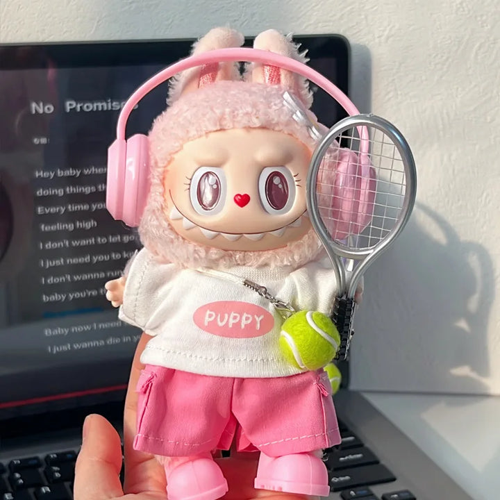 Labubu 1-3 Gen Outfits Purple/Pink T-Shirt Cargo Pants Set Tennis Bag Racket Purple Shoes/Headphones Labubu Doll Accessories