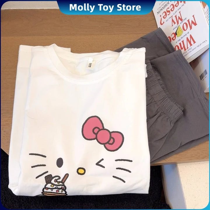 Kawaii Hello Kitty Pajamas Summer Pure Cotton Cardigan Short Sleeve Shorts Suit Cartoon Cute Home Clothes Gift