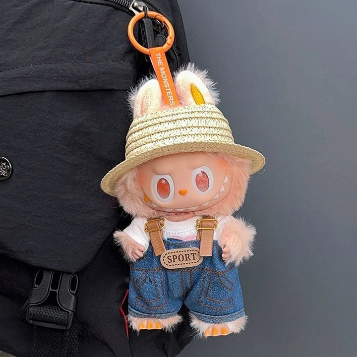 Labubu 1-3 Gen Doll Outfits "High Energy Ahead" T-Shirt + Overalls Set Hat & Accessories Included Cool Plush Pendant Clothes