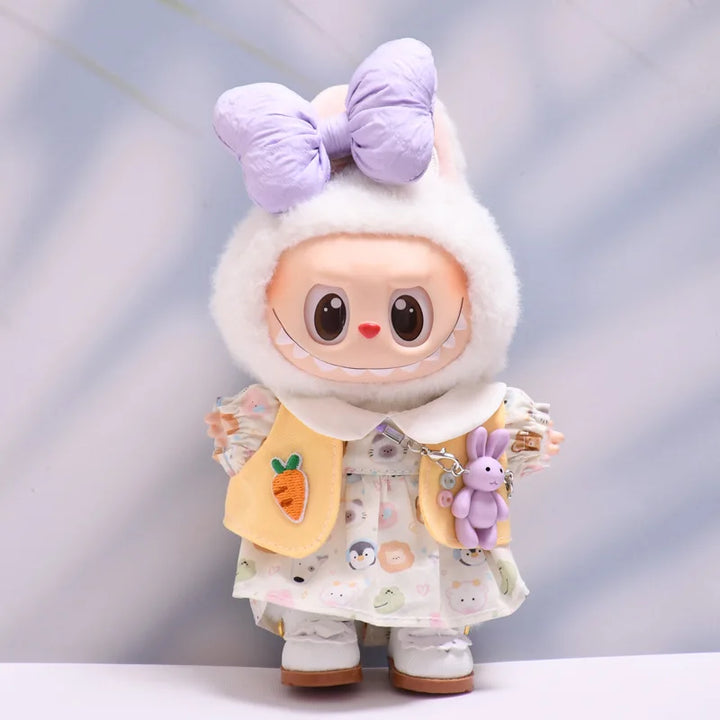 Labubu Doll Clothes Bow-Adorned Animal Print Dress Set with Rabbit Charm 17cm Plush Doll'S Clothes Labubu I II III Accessories