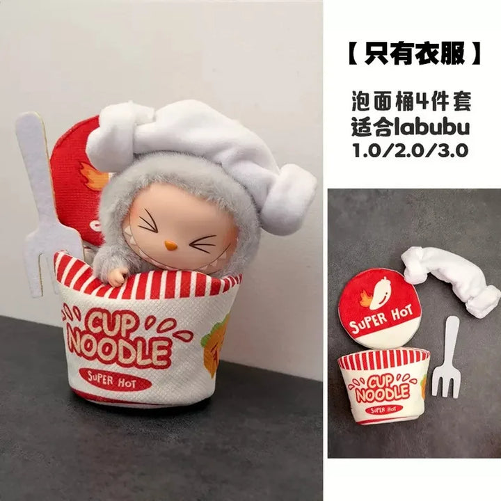 for Labubu 1-3 Gen 17cm Doll Outfits Milk Carton Onigiri Corn Chips & Ramen Bucket Set Bento Bag and Animal-Shaped Clothes