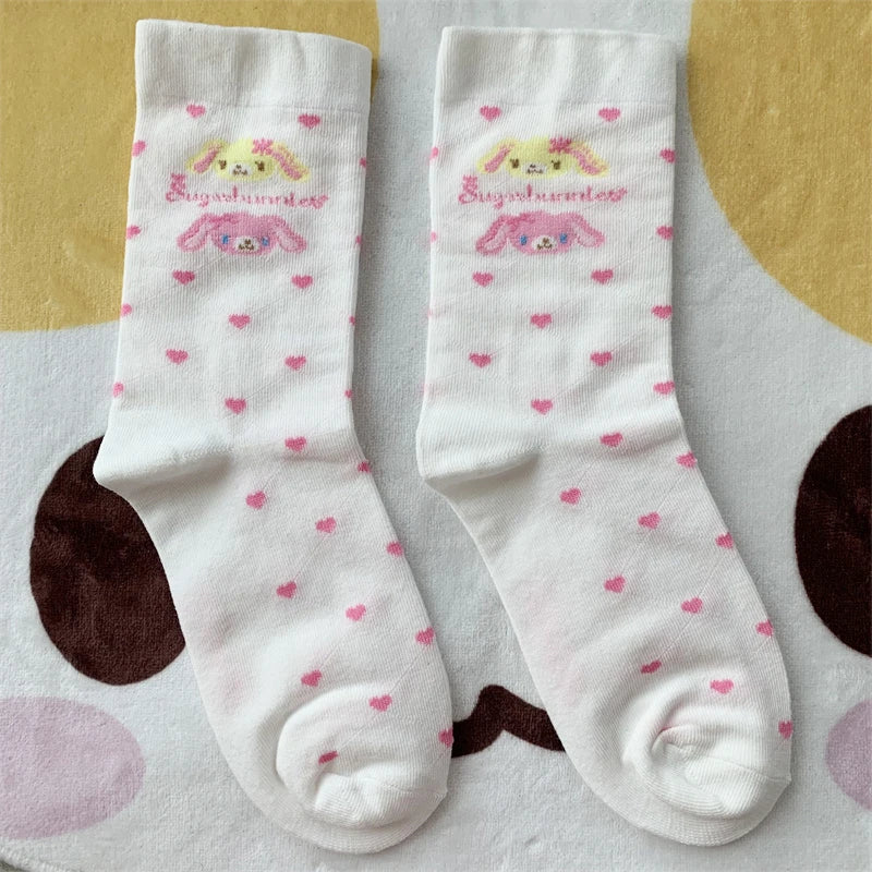 Cute Sugarbunnies Socks for Women Girls Heart-shape Hanausa Momousa Bunny Anime White Long Socks