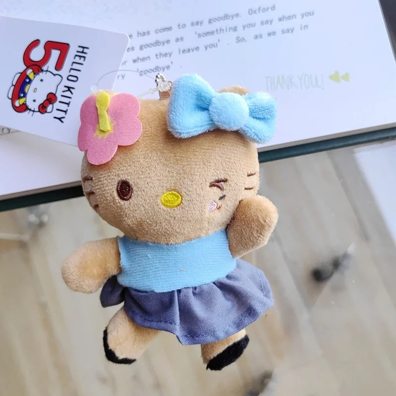 Kawaii Sanrio Hello Kitty  Black Skin Hawaiian Series Mermaid Surfboard  Keychain Plush Toys Backpack Pendant Girls Accessories