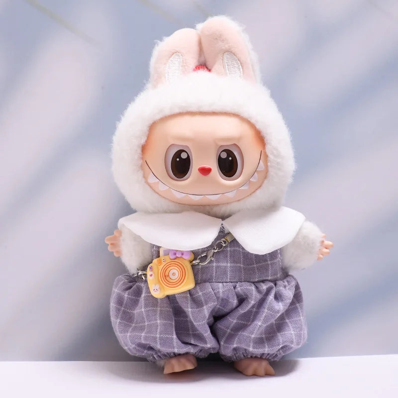 Labubu doll clothes Checkered Overalls 15/17cm Plush Doll'S Clothes Replacement Labubu I II Idol Dolls Sitting Party Accessories