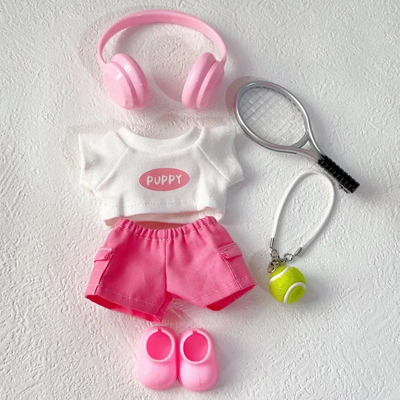 Labubu 1-3 Gen Outfits Purple/Pink T-Shirt Cargo Pants Set Tennis Bag Racket Purple Shoes/Headphones Labubu Doll Accessories