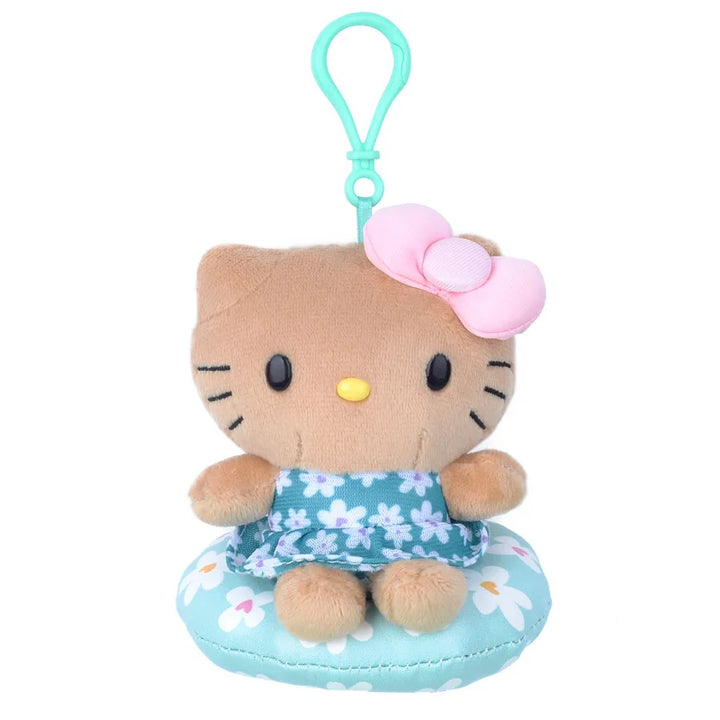 Kawaii Sanrio Black Skin Hello Kitty Hawaiian Floral Skirt Swimming Circle Keychain Plush Backpack Pendant Keychain Girls Gift