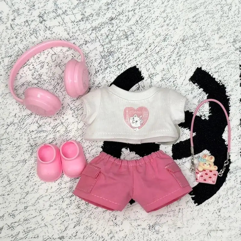 17cm Labubu 1-3 Gen Doll Outfits Cute White T-Shirt + Pink Cargo Pants + Headphones & Shoes Set Labubu Sitting Party Clothes