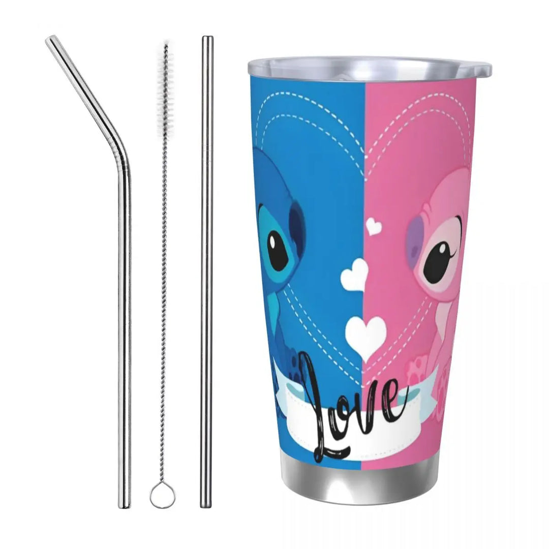 Pink Lilo And Stitch Insulated Tumbler with Straws Cartoon Vacuum Coffee Mugs Double Wall Thermos Bottle Cups, 20oz