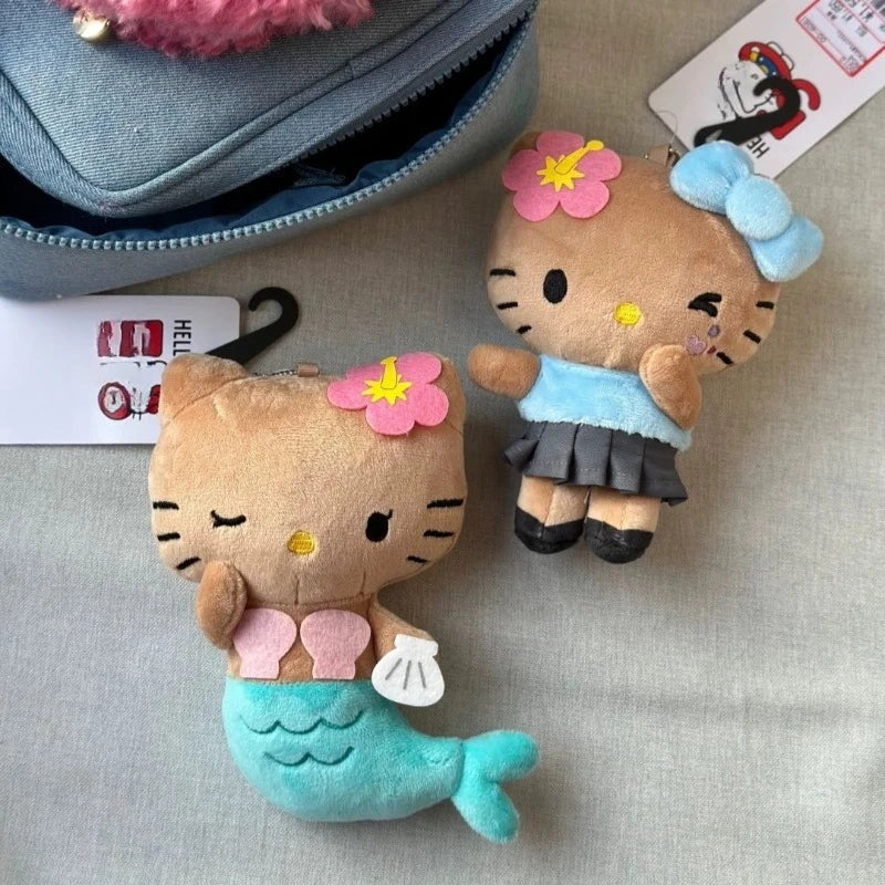 Kawaii Sanrio Hello Kitty  Black Skin Hawaiian Series Mermaid Surfboard  Keychain Plush Toys Backpack Pendant Girls Accessories