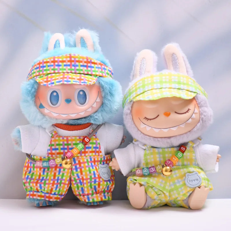 Rainbow Dopamine-Style Overall & Hat Set 15/17cm Plush Doll'S Clothes Labubu I II Idol Dolls Sitting Party Accessories Kids Gift