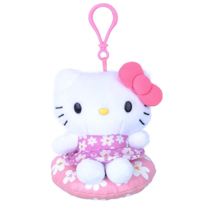 Kawaii Sanrio Black Skin Hello Kitty Hawaiian Floral Skirt Swimming Circle Keychain Plush Backpack Pendant Keychain Girls Gift