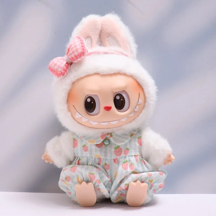Strawberry Print Overall Set with Mini Rabbit Bag 15/17cm Plush Doll'S Clothes Labubu I II III Idol Dolls Accessories Kids Gift