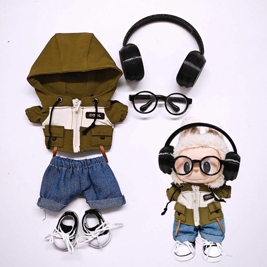 Clothes for 1st/2nd/3rd Gen Labubu Outfits Army Green Hoodie Set with Colorful Headphones Canvas Shoes & Glasses Doll Clothes