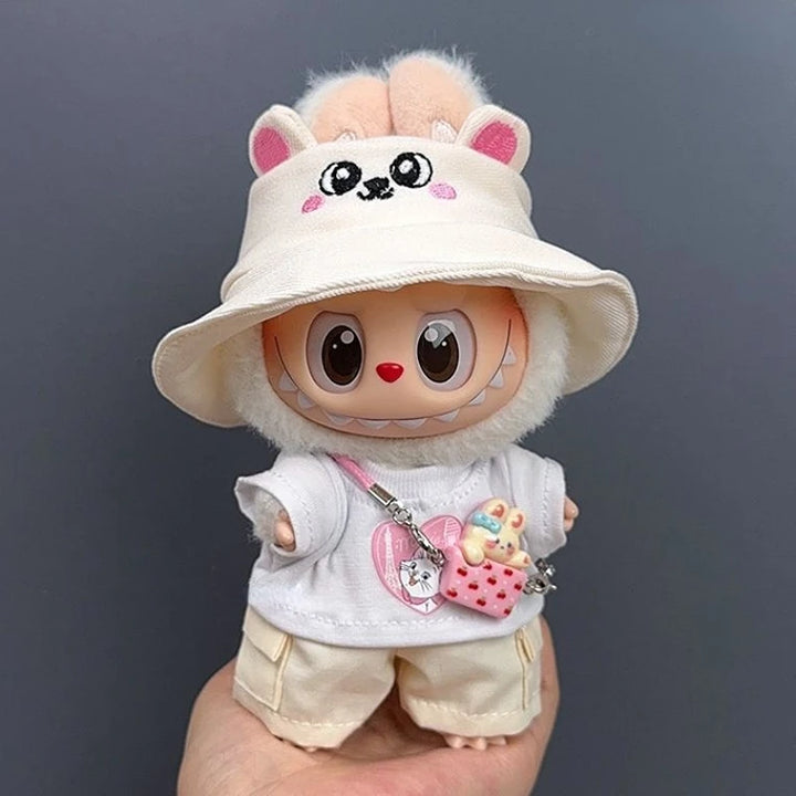 17cm Labubu 1-3 Gen Doll Outfits Cute White T-Shirt + Cargo Pants Set with Colorful Hat Universal Clothes for Labubu Dolls