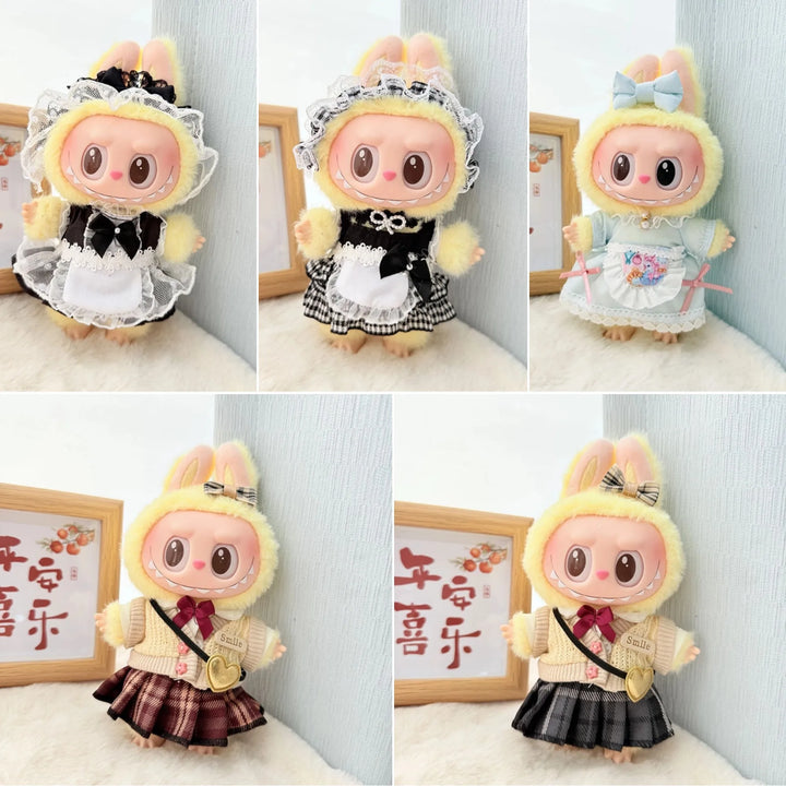 17cm Labubu Idol Doll Plush Doll Checkered Black Yarn Maid Dress JK Skirt Clothing Accessories Korean Kpop Exo Girl Gift
