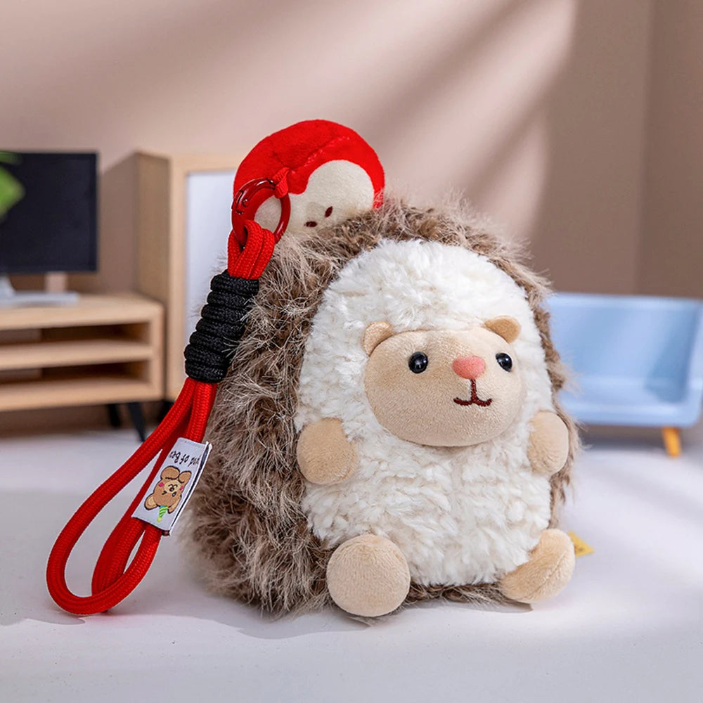 Fluffy Hedgehog Stuffed Animal With Red Apple Pendant Plush Toys Cartoon Simulation Hedgehog Soft Dolls Key Holder Bag Accessory