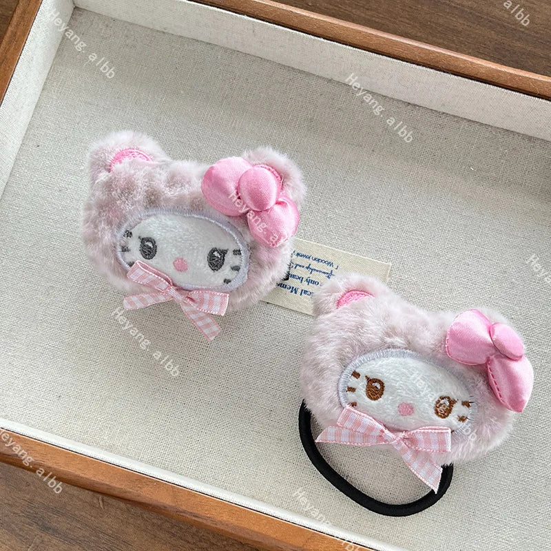 Kawaii Sanrio Hello Kitty Plush Hairpin Cartoon Leopard Hairbands Sweet Bangs Side Clip Hair Loop Decoration Girl Christmas Gift