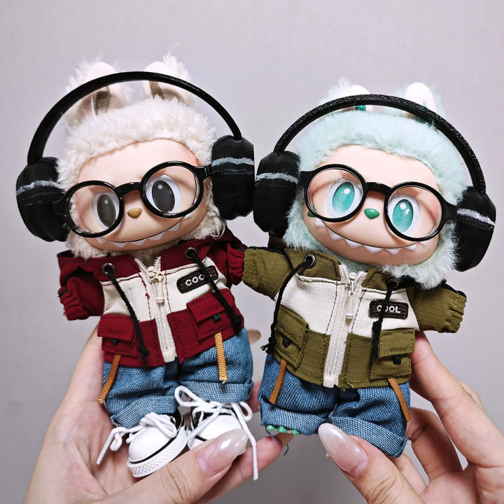 Clothes for 1st/2nd/3rd Gen Labubu Outfits Army Green Hoodie Set with Colorful Headphones Canvas Shoes & Glasses Doll Clothes
