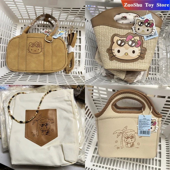 Genuine Hello Kitty Retro Series Woven Handbag Cosmetic Bag Storage Bag Cartoon Cute Large Capacity Messenger Bag Girls Gifts