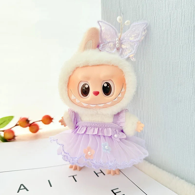 15/17cm Vinyl Plush Doll Clothes Labubu Pendant Lucky Purple Bow Dress Labubu V1/V2/V3 Clothes Accessories