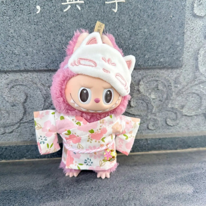 17cm Vinyl Plush Doll Clothes Labubu Pendant Floral Kimono with Fox-Patterned Eye Mask Labubu V1/V2/V3 Clothes Accessories