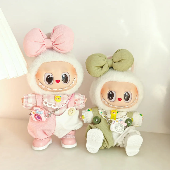 15cm/17cm Cute Mini Plush Doll Costume Dress Up Cute Sweetheart Strap Pants Accessories Straw Hat Camera Sitting Party DIY Gift