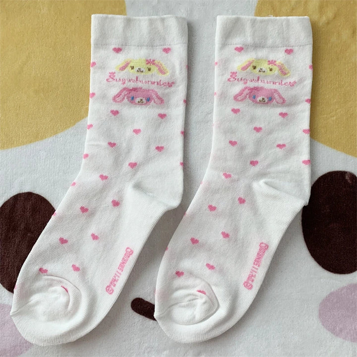 Cute Sugarbunnies Socks for Women Girls Heart-shape Hanausa Momousa Bunny Anime White Long Socks