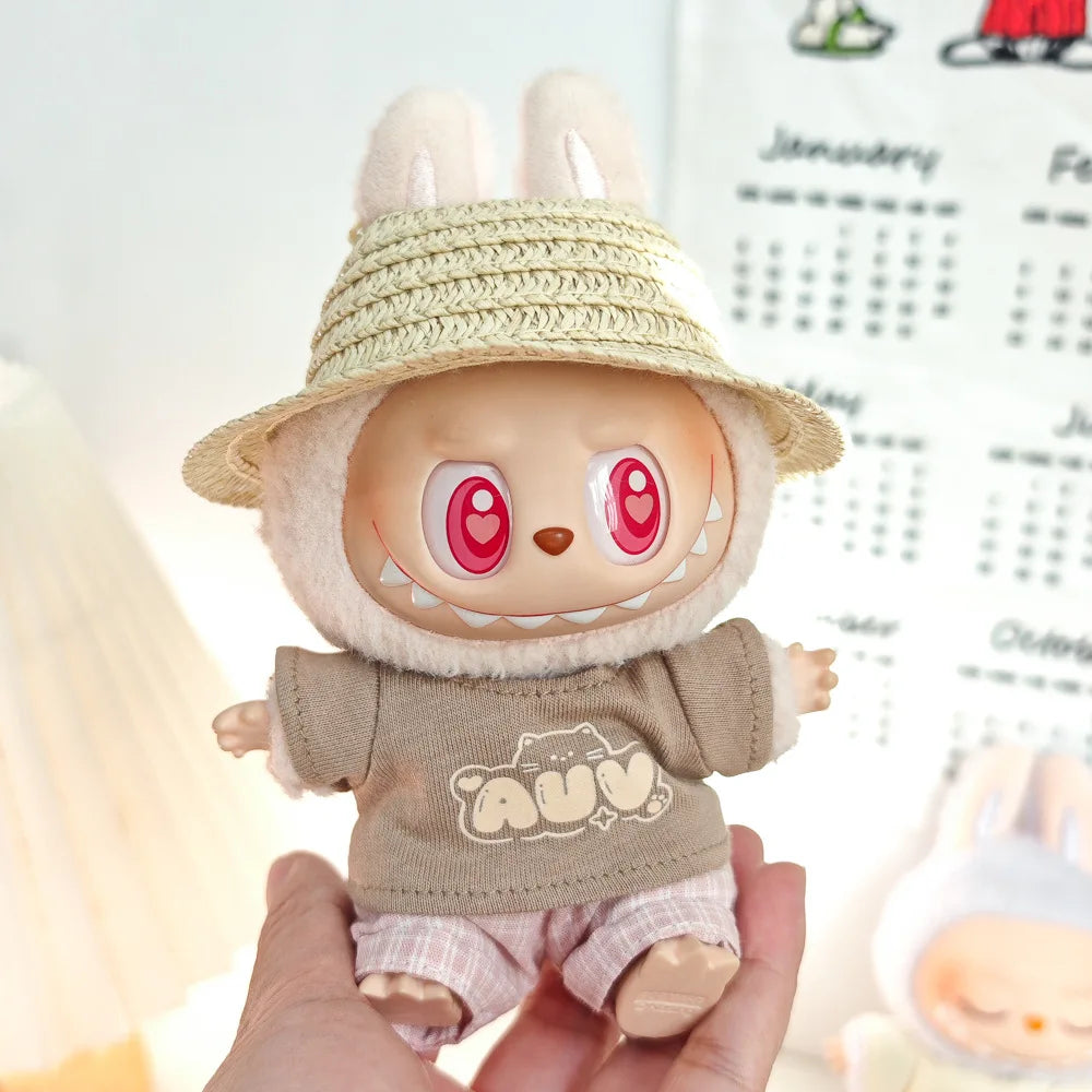 15cm/17cm Labubu Doll Clothing Sitting Party First And Second Generation Summer Straw Hat Short Sleeve Pants Set Accessories