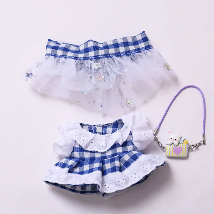 Blue Plaid Dress & Hair Bow Set 15/17cm Plush Doll'S Clothes Labubu I II Idol Dolls Sitting Party Accessories Kids Gift