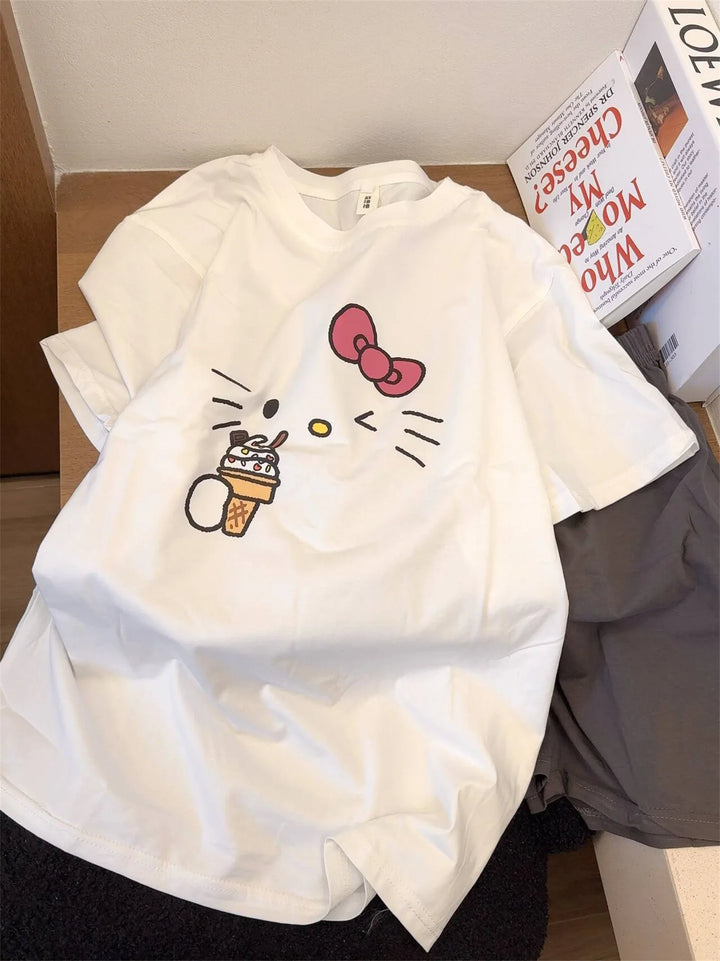 Kawaii Hello Kitty Pajamas Summer Pure Cotton Cardigan Short Sleeve Shorts Suit Cartoon Cute Home Clothes Gift