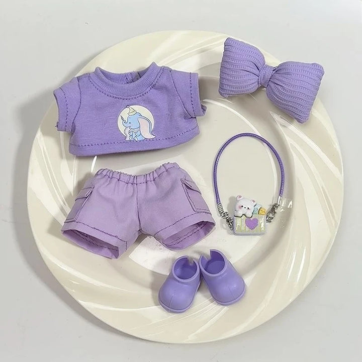 Clothes for 17cm Labubu Doll Outfits 1st/2nd/3rd Gen Fit Purple T-Shirt Cargo Pants Set with Headphones & Shoes Doll Costume