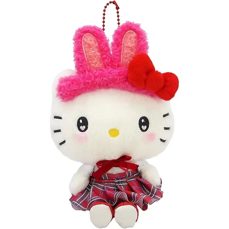 Anime Sanrios Cherry Blossom Sakura Heisei Black Leather Series Hello Kitty Kuromi Plush doll Keychain bag Pendant Y2KGirl Gifts