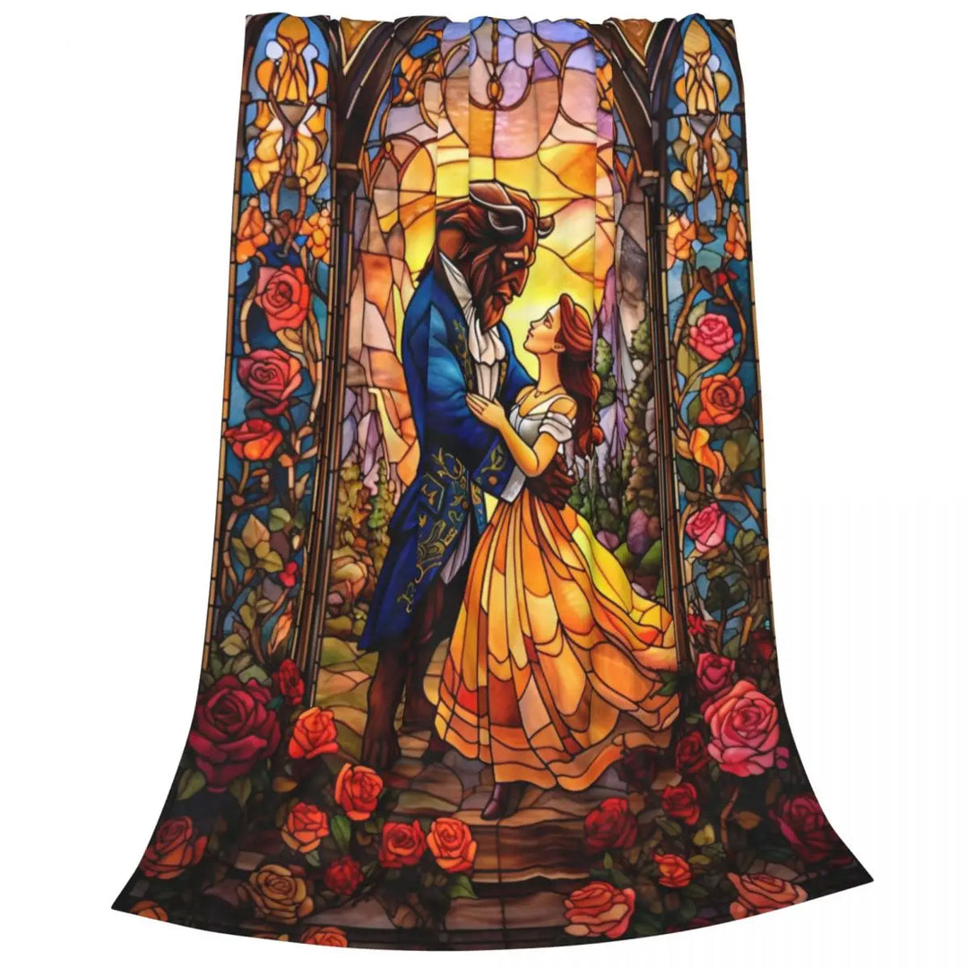 Beauty And The Beast Flannel Throw Blanket Cartoon Romantic Fantasy Blankets for Home Couch Ultra-Soft Bedroom Quilt