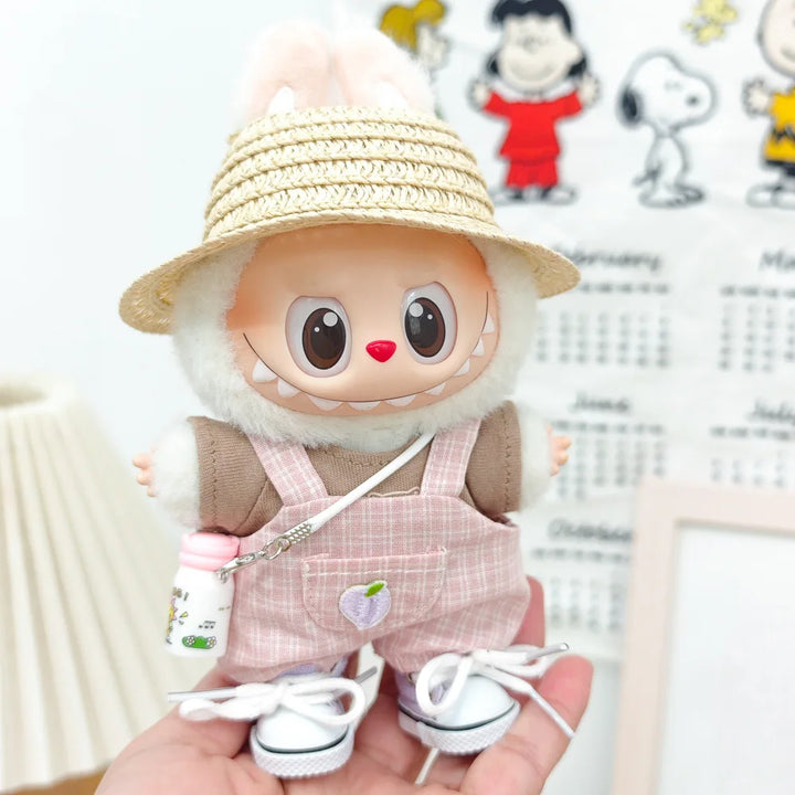 15cm/17cm Labubu Doll Clothing Sitting Party First And Second Generation Summer Straw Hat Short Sleeve Pants Set Accessories