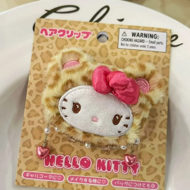 Sanrio Leopard Print Plush Hairpin Hello Kitty Hair Clip Lady Bangs Side Barrette latte KT cat Girls Headwear Hair Accessories