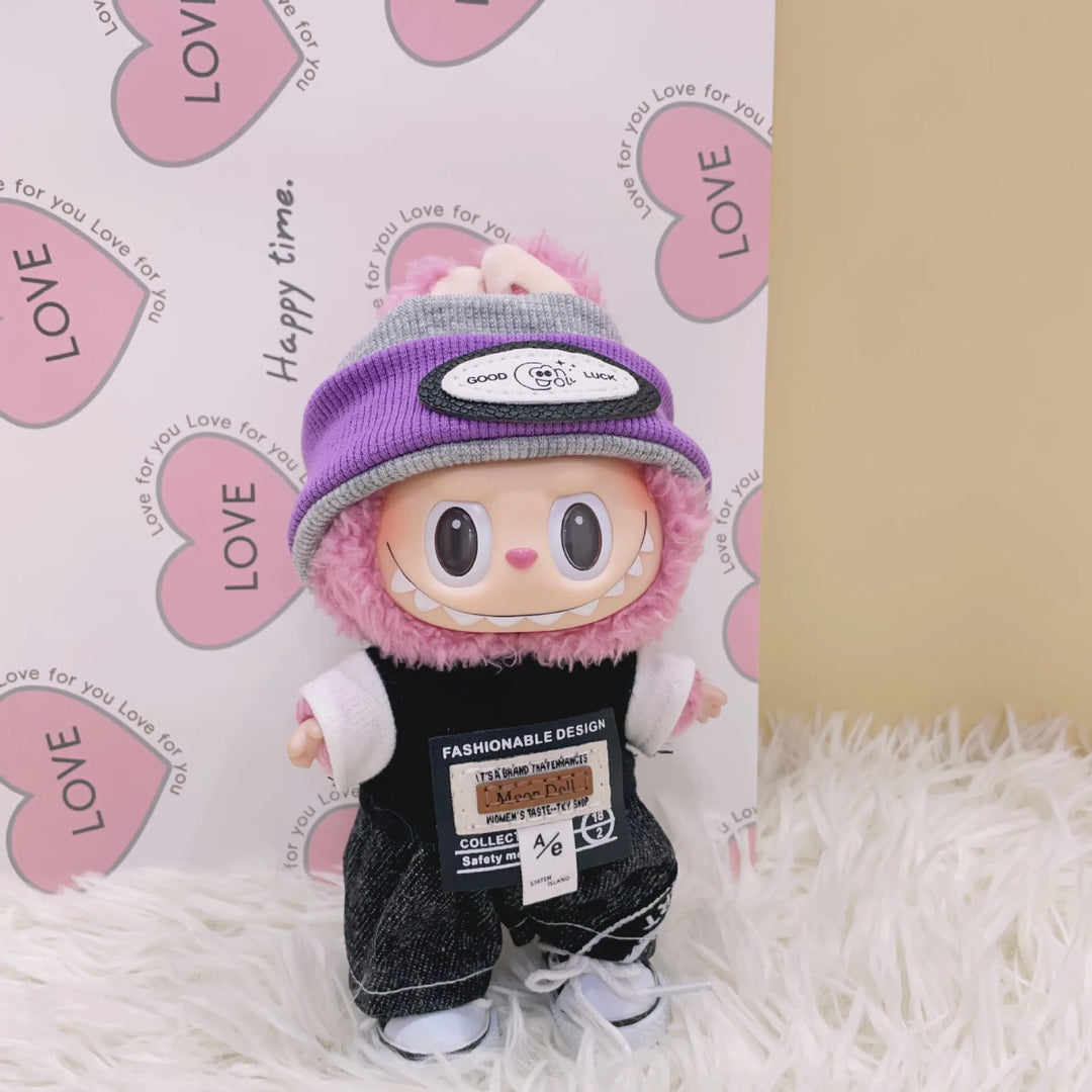 Labubu Doll Clothes Cool Headband Denim Suit For 15-17cm Ropa 3.0 Labubu V1 V2 V3 Clothes Sitting Party Accessories