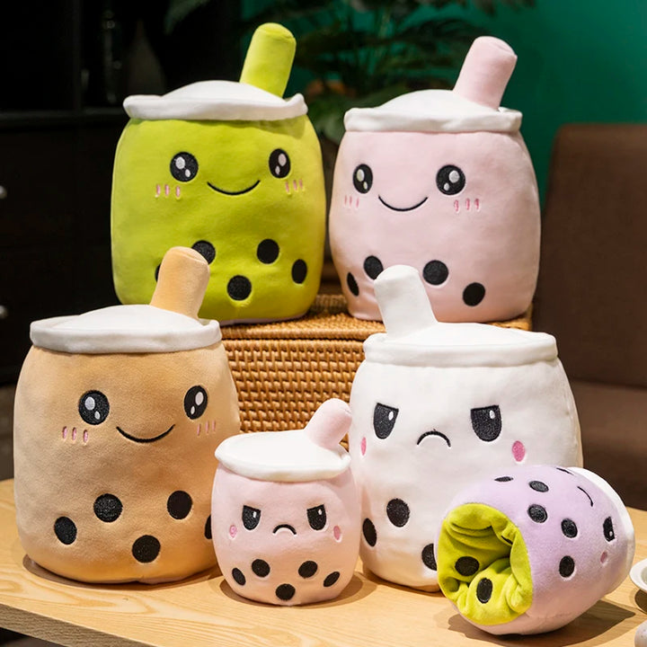 Kawaii Reversible Boba Plush Toys Two Face Double-Sided Bubble Milk Tea Soft Doll Birthday Christmas Gifts for Kids