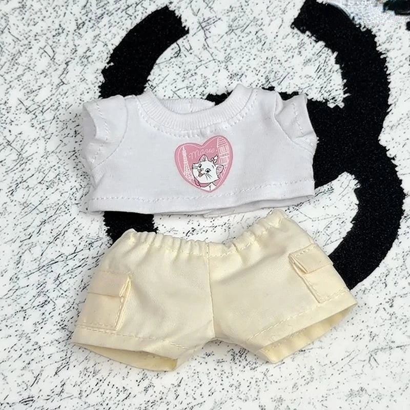 17cm Labubu 1-3 Gen Doll Outfits Cute White T-Shirt + Cargo Pants Set with Colorful Hat Universal Clothes for Labubu Dolls