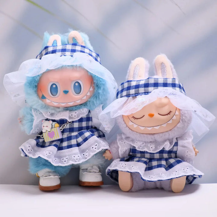 Blue Plaid Dress & Hair Bow Set 15/17cm Plush Doll'S Clothes Labubu I II Idol Dolls Sitting Party Accessories Kids Gift