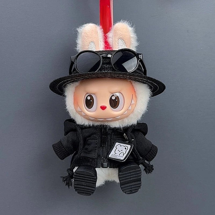 17cm Labubu Doll Clothes 1st/2nd/3rd Gen Fit Mr. Black Bear Hoodie Set with Hat & Sunglasses Plush Toy Outfits Halloween Decor