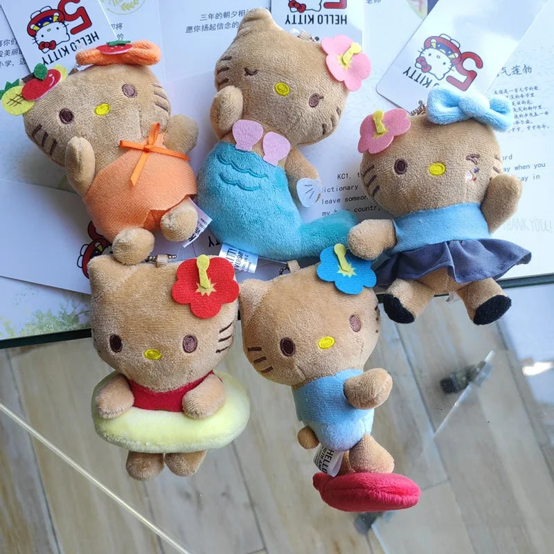 Kawaii Sanrio Hello Kitty  Black Skin Hawaiian Series Mermaid Surfboard  Keychain Plush Toys Backpack Pendant Girls Accessories