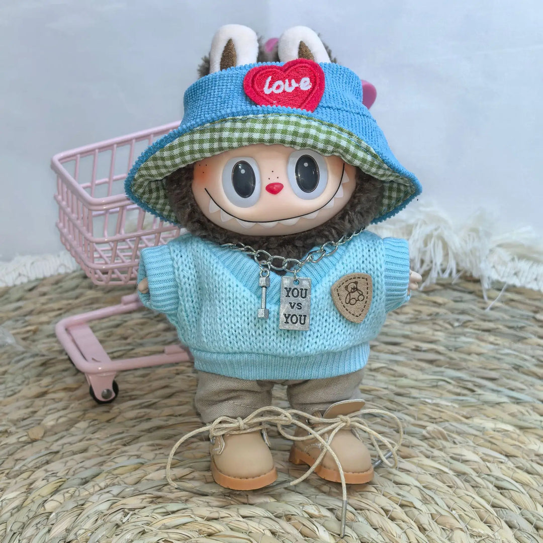 Labubu Doll Clothes Blue Outfit with Camera Hat Shoes Set 15/17cm Plush Doll'S Clothes Replacement Labubu I II Dolls Accessories