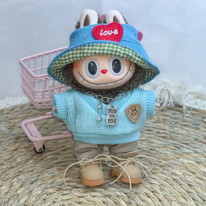 Labubu Doll Clothes Blue Outfit with Camera Hat Shoes Set 15/17cm Plush Doll'S Clothes Replacement Labubu I II Dolls Accessories