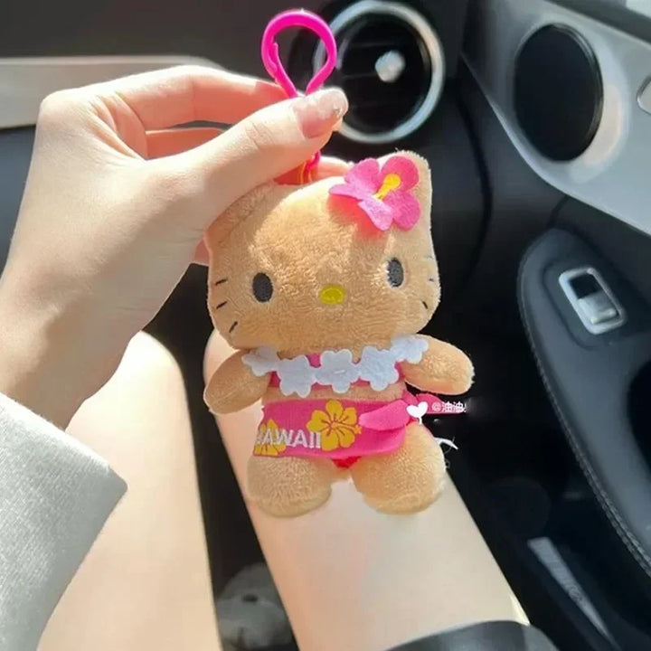 Anime Sanrio Hello Kitty Kuromi Plush Dolls Filled Keychain Dark Skin Hawaiian Series Cartoon Plush Toys Bag Pendant Charms