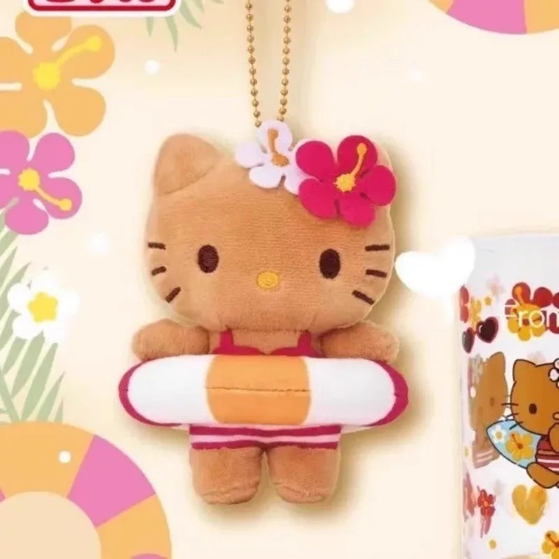 NEW Bikini hello Kittys Keychain Plush Doll Pendant Sanrios Hawaii Swim Ring Dark Skin Kitty Stuffed Doll Bag Accessories gift